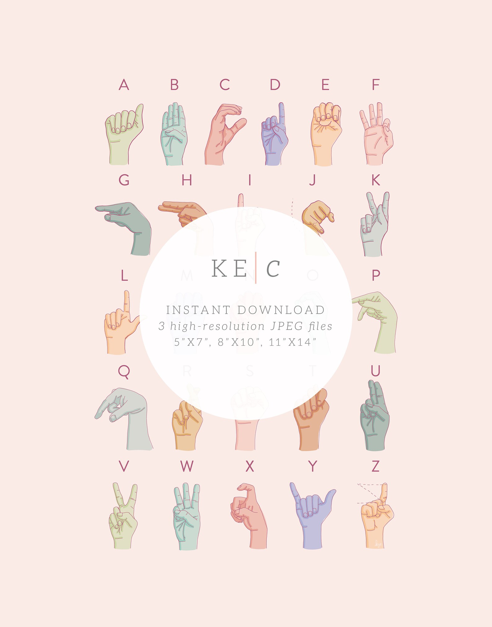 ASL Alphabet Sign Language Illustration Art Print Bilingual Colorful