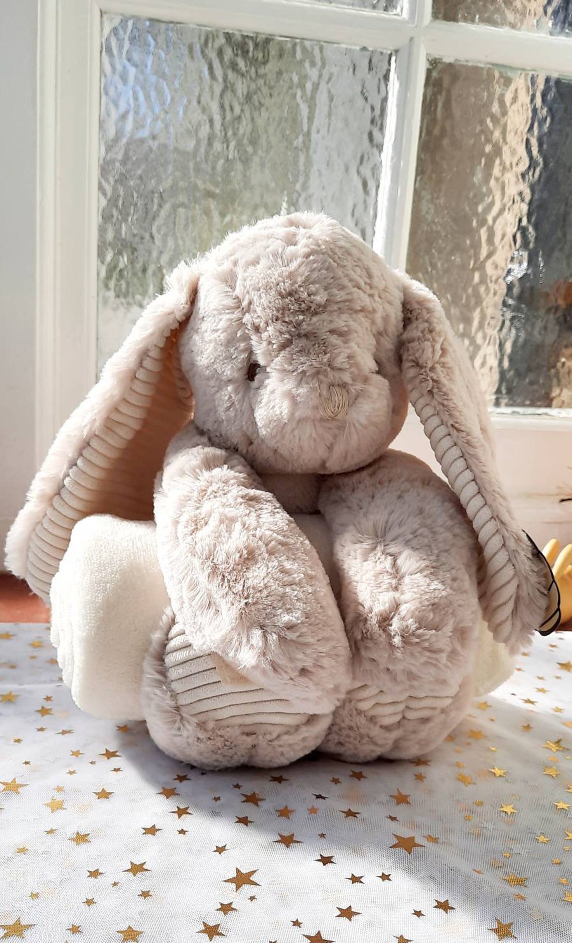 Personalised Rabbit with soft blanket.Can be embroidered on Etsy