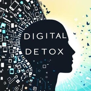 Peut inclure: Une silhouette noire d'une tête humaine avec les mots "DIGITAL DETOX" en cercle autour d'elle. L'arrière-plan est un dégradé de bleu et de jaune avec des papillons blancs et bleus qui s'envolent de la tête. Le texte "RECLAIM YOUR MIND IN THIS HYPERCONNECTED WORLD" est en bas de l'image.