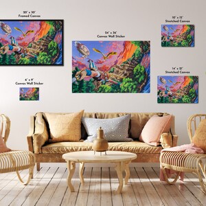 May include: A colorful painting of a woman flying through the air with a bird and a hot air balloon. The painting is available in various sizes, including 6x9 inches, 10x15 inches, 14x21 inches, 24x36 inches, and 30x40 inches. The painting is available as a canvas wall sticker, stretched canvas, and framed canvas.