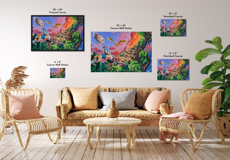 May include: A colorful painting of a woman flying through the air with a bird and a hot air balloon. The painting is available in various sizes, including 6x9 inches, 10x15 inches, 14x21 inches, 24x36 inches, and 30x40 inches. The painting is available as a canvas wall sticker, stretched canvas, and framed canvas.