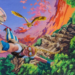 May include: A woman wearing goggles and a striped outfit flies through the air, attached to a hot air balloon. A golden owl flies above her, and the background features a colorful sunset and a rocky landscape.