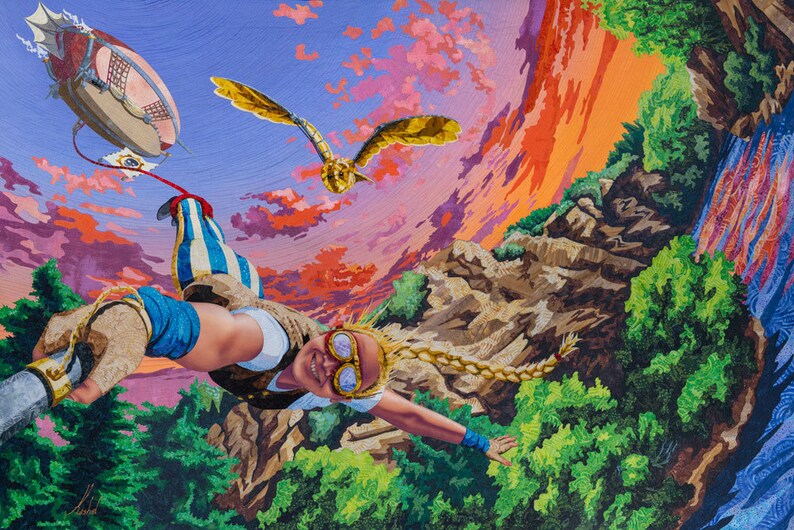 May include: A woman wearing goggles and a striped outfit flies through the air, attached to a hot air balloon. A golden owl flies above her, and the background features a colorful sunset and a rocky landscape.