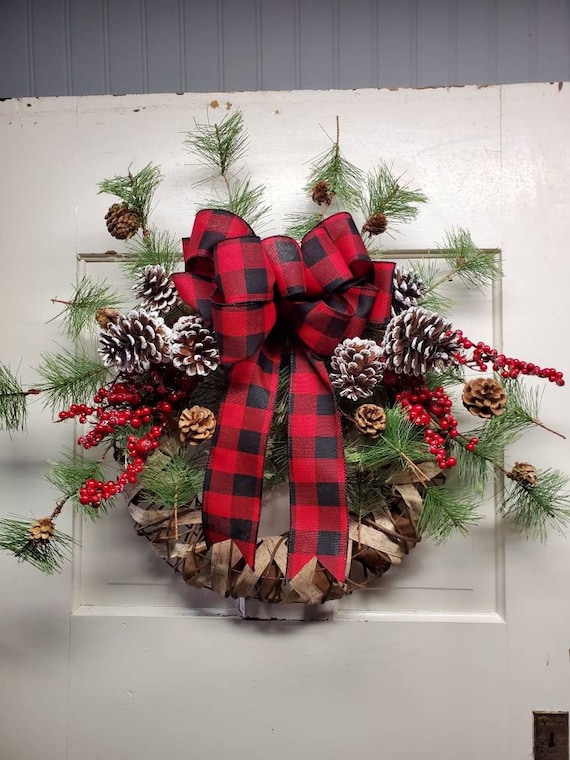 Buffalo Check Wreath / Christmas Wreath / Farmhouse Wreath / Front Door  Wreath / Rustic Woodsy Decor / Winter Wreath / Birch Winter Wreath 