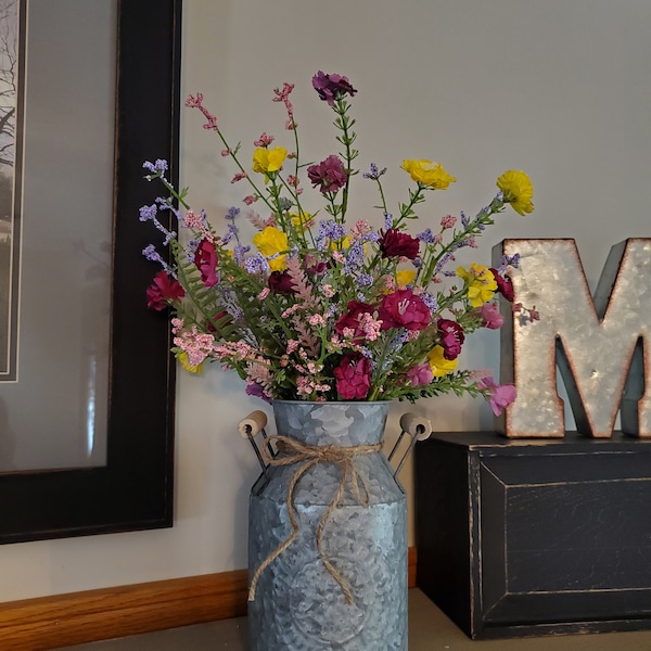 Spring Farmhouse Centerpiece / Galvanized Milk Can with Wildflowers / Spring Table Decor / Easter Decor / Kitchen Island Decor for spring