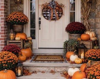 May include: A front porch decorated for autumn featuring a cream-colored door with a buffalo check wreath, a welcome mat, numerous orange and white pumpkins, pots of orange and deep red chrysanthemums, and black metal lanterns with candles.