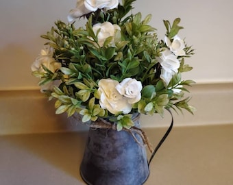 Farmhouse Decor, Galvanized Home Decor, Galvanized Pitcher with boxwood, Table Decor, Farmhouse tiered tray decor, greenery with roses