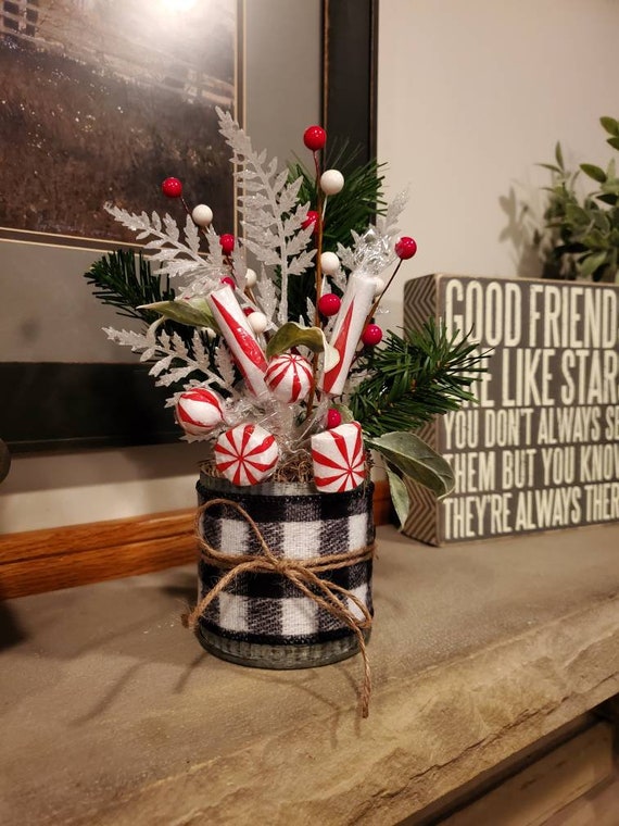 Christmas Farmhouse Centerpiece / Peppermint Decor with galvanized tray / Vases with pine and candy picks / Black and White Buffalo Plaid