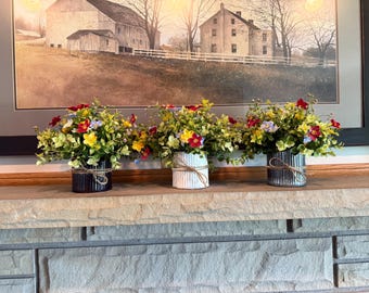 Centro de mesa estilo fazenda / Decoração de fazenda / Arranjo floral rústico / Arranjo de mesa estilo fazenda / Folhagem em vaso galvanizado