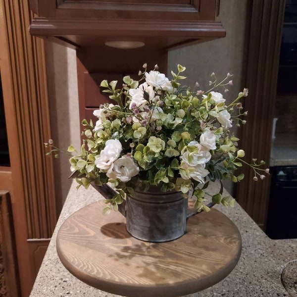 Farmhouse Centerpiece / Greenery Table Arrangement / Farmhouse Decor / Eucalyptus and Roses in galvanized watering can / Rustic Decor