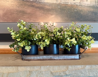 Farmhouse Decor / Rustic Greenery Centerpiece / Table Arrangement / Galvanized Tray Decor / Bathroom Decor / Mantle Decor/Black Ceramic Pot