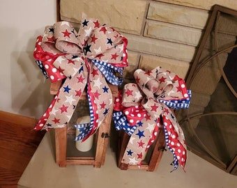 Farmhouse Lantern Topper, Patriotic Lantern Swag, Rustic Lantern Swag, Americana Lantern Topper, Red White and Blue Bow, 4th of July Bow