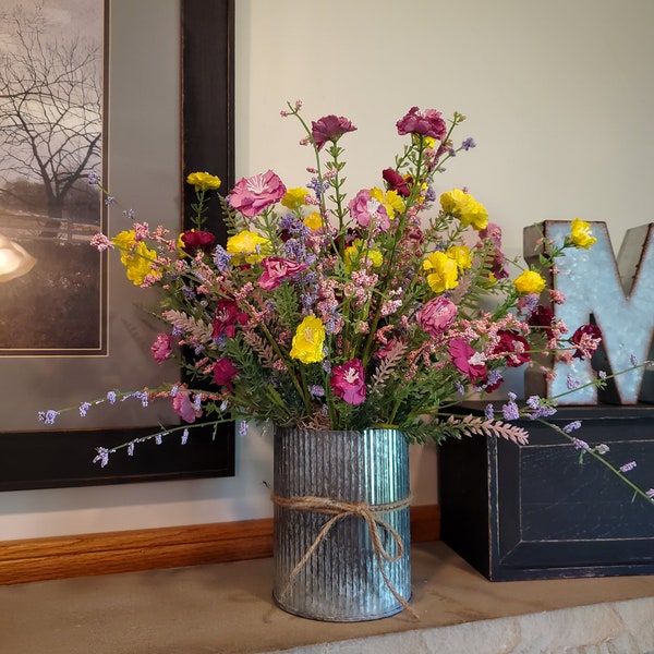 Spring Farmhouse Centerpiece / Galvanized Vase with Wildflowers / Spring Table Decor / Summer Decor / Kitchen Island Decor for spring