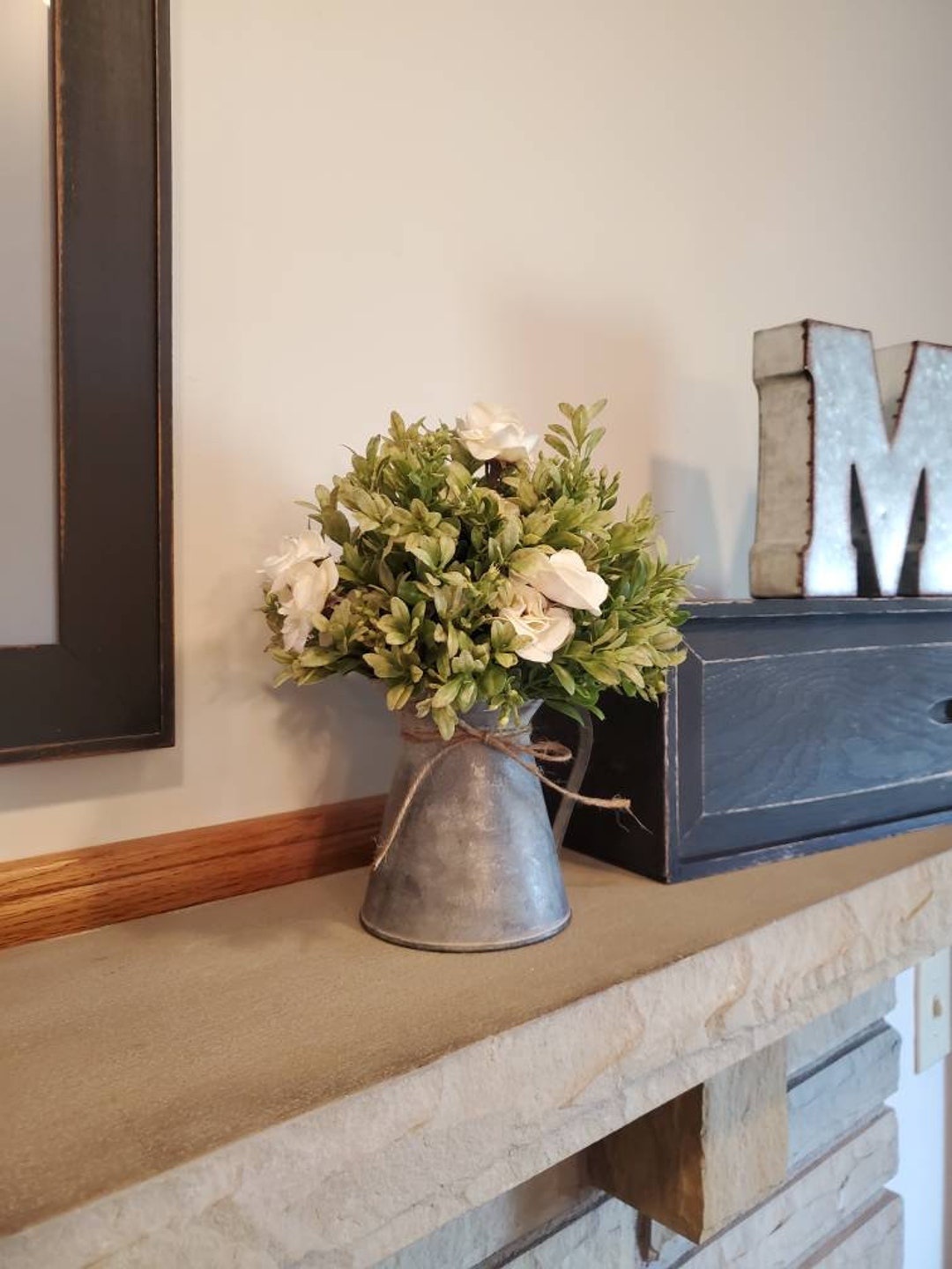 Farmhouse Decor, Galvanized Home Decor, Galvanized Pitcher With Boxwood