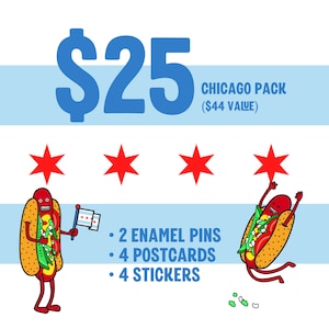 Chicago-cadeaupakket van 25 dollar - Emaille pinnen (2), Postauto's (4), Stickers (4)