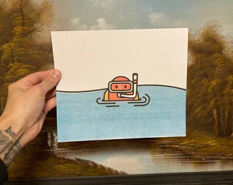 Pode incluir: Um desenho de linha simples de uma pessoa usando uma máscara de mergulho e snorkel, flutuando em água azul.