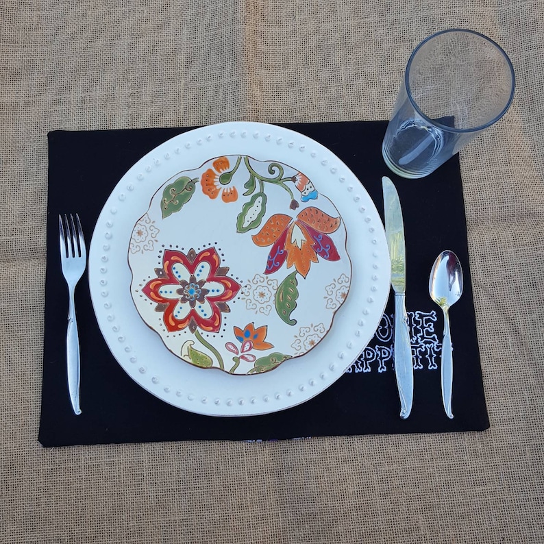 Purple Skeleton Placemats top hat reversible Bone Appetit Halloween 2 hand embroidered -