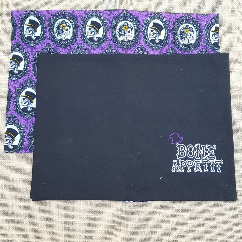 Purple Skeleton Placemats top hat reversible Bone Appetit Halloween 2 hand embroidered -