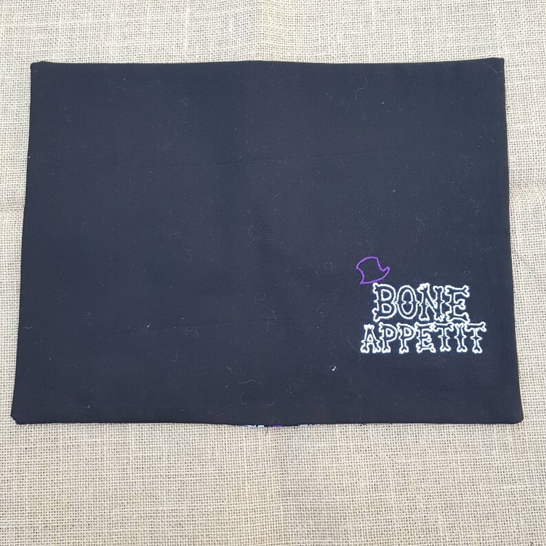 Purple Skeleton Placemats top hat reversible Bone Appetit Halloween 2 hand embroidered -