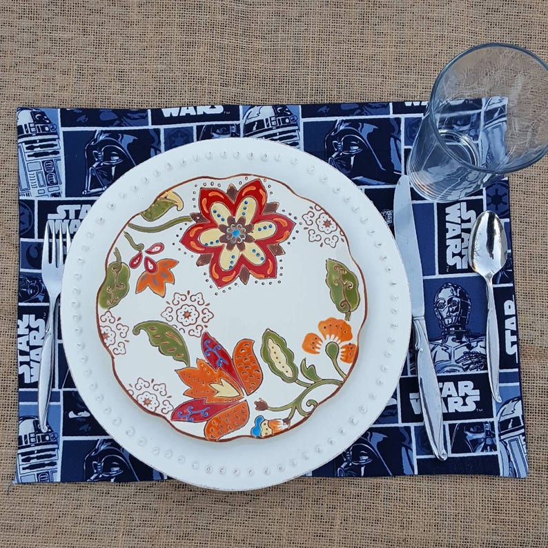 hand embroidered Disney R2D2 Darth Vader Blue reversible 2 cotton fabric Star Wars Placemats C3PO Classic Starwars
