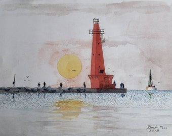 Michigan Lighthouse Painting, Beach House Art, Beach Landscape, Red Lighthouse Print, Beach Art Scenes, Sunset Watercolor.