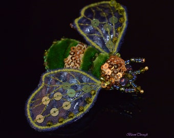 Handmade Green Beaded Bug Pin - Fashion Jewelry Accessory - Blue Beetle Insect Brooch