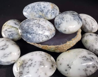 May include: A collection of eight white and gray dendritic agate tumbled stones. The stones are smooth and polished, with a variety of patterns and shapes.