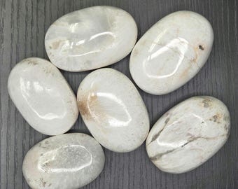 May include: Six smooth, white, oval-shaped stones with subtle brown and gray markings. The stones are polished and have a glossy finish.
