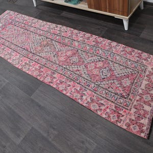 Rustic Pink Runner Rug, 2x8 Vintage Turkish Hallway Carpet | Bohemian Home Decor, Handmade Tribal Rug, 27&quot; x 92&quot; Runner, Entryway Rug | 1856