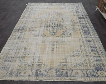 Large Vintage Turkish Rug 6x10 Ft | Handknotted Oushak Wool Carpet Navy Blue Beige Distressed Living Room