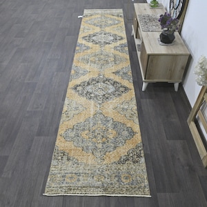 2.4x12.0 Ft Handwoven Turkish runner rug, Vintage runner rug, Hallway Rug, Oushak runner, Anatolian rug, Kitchen rug, Entryway rug, 2x12 Rug