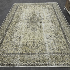 7x10 Floral Beige Faded Brown Turkish Rug, 7x10 Beige Faded Pink Handmade Wool Living Room Rug, Beige Vintage Turkish Floral Rug, 7x10.4 Ft