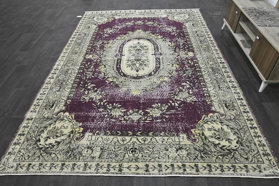 Rare Turkish Rug, Beige Area Rug, Distressed Wool Rug, Vintage Woven Rug, Purple Oushak Rug, Boho Decor Rug, Carpet, 6.88x9.97 ft. KT 10121