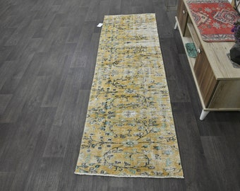 2x7 Gold Yellow Gray Oushak Runner, 2x7 Handmade Turkish Runner, Vintage Kitchen Kids Entryway Bedroom Runner, Home Decor, 2.3x7.3 Ft