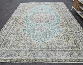 Groen Vloerkleed, Antiek Vloerkleed, 7.1'x10'2, Vintage Vloerkleed, Turks Tapijt, Oushak Vloerkleed, Oosters Tapijt, Woonkamer Vloerkleed, Groot Vloerkleed, Handgemaakt Tapijt, 7860