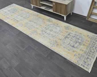 Tapete turco vintage Oushak de 3'0" x 11'2", tapete antigo, tapete de corredor, tapete de porta feito à mão da Anatólia, tapete 3x11, tapete de área pequena, corredor curto, 95