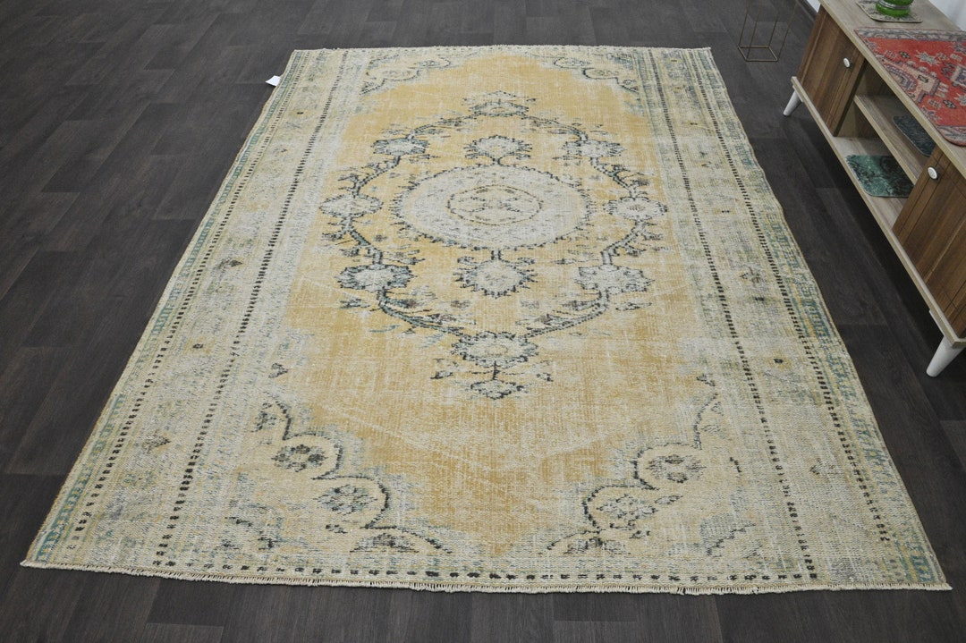 Neutral Yellow Large Hand Knotted Turkish Farmhouse Area Rug 6x8 Ft ...