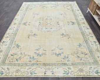 Neutral Vintage Rug 7 x 10 feet, Turkish distressed rug 7x10, Oushak rug, Living room carpet, Faded rug, Large area rug, Vintage soft rugs