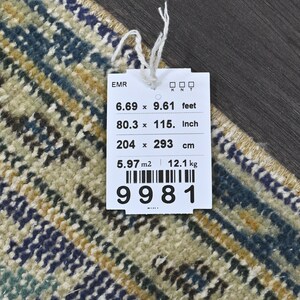 May include: A beige, blue, and gold patterned rug with a white tag attached. The tag has the text "EMR" and lists the rug's dimensions in feet, inches, and centimeters. The tag also includes the rug's weight in kilograms and a barcode with the number "9981".