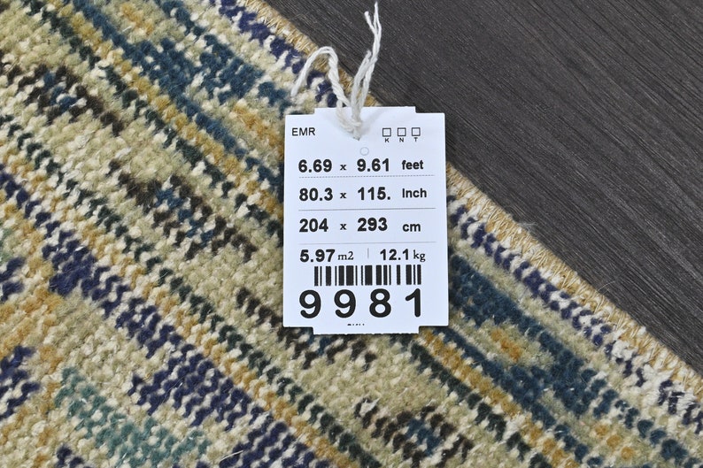 May include: A beige, blue, and gold patterned rug with a white tag attached. The tag has the text "EMR" and lists the rug's dimensions in feet, inches, and centimeters. The tag also includes the rug's weight in kilograms and a barcode with the number "9981".
