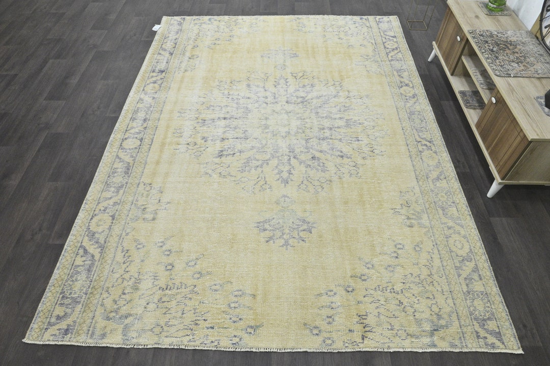 7x9 Yellow Modern Rug, Handmade Vintage Turkish Area Rug, 7x9 Faded ...