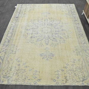 7x9 Yellow Modern Rug, Handmade Vintage Turkish Area Rug, 7x9 Faded Blue Rug, Wool Rug, 7x9 Turkish Rug,Vintage Rug,Livingroom Rug