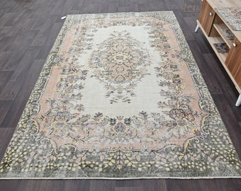 6x9 VINTAGE Turkish Beige Rug, Oushak Area Rug, Vintage Floral Rug, Bohemian Wool Rug, Kitchen Rug, Home Decor, Rugs Teppich Luxury 5.6x8.7