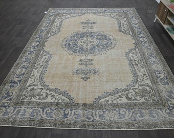 BEIGE turkish rug ' vintage rug ' oushak rug ' 7x10' ft blue vintage area rug , handmade turkish 8x10 rug , anatolian rug 10418