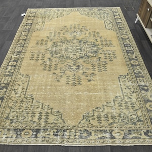 6x8 Teppich, 6x8 türkischer Teppich, 6x8 Vintage Teppich, Flächenteppich, Wohnzimmerteppich, 6x8 Oushak Teppich, Boho Teppich, antiker türkischer Teppich, Beige, Blau, Tan, 6x8