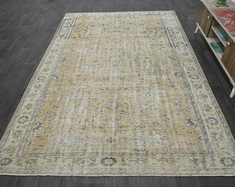 7x10 Rug, Boho Rug, Bohemian Rug, Large Rug, 7x10 Vintage Rug, 7x10 Turkish Rug, Oushak Rug, Neutral Area Rug, Faded Rug, Orange, Beige,1460