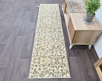 2x7 Runner Vloerkleed, 2x7 Turkse Vintage Runner Vloerkleed, 2x7 Vintage Runner, Handgemaakt Wollen Vloerkleed, Beige Bruin, Turkije Vintage Vloerkleed, Kort Vintage Vloerkleed