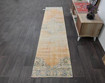 Turkish Rug, 2x9 Runner Rugs, Vintage Rug, Antique Oushak Rug, Rugs For Hallway, 2.0x9 ft Orange Rug, Middle East Rug, Tribal Rug Runner,