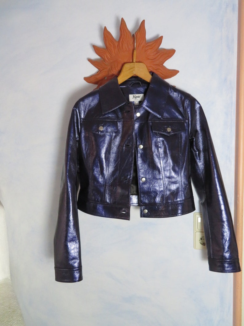 Boho Cropped 80s Metallic Blue Lilac Leather Jacket Bolero 36 S Denim Yuppie Biker Chunky Crop Blazer Vera Pelle Designer