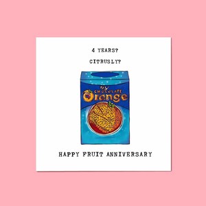 Tarjeta de 4º aniversario • Frutas • Chocolate con naranja • Cuarto